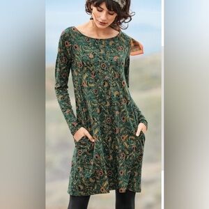 Peruvian Connection Orla Long Sleeve Dress Green Floral Modal Cotton Sz L   AA19